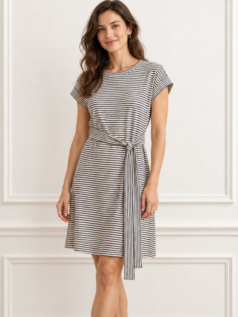 NWT J.Crew Navy & Ivory Striped Tie Waist Dress Size Medium